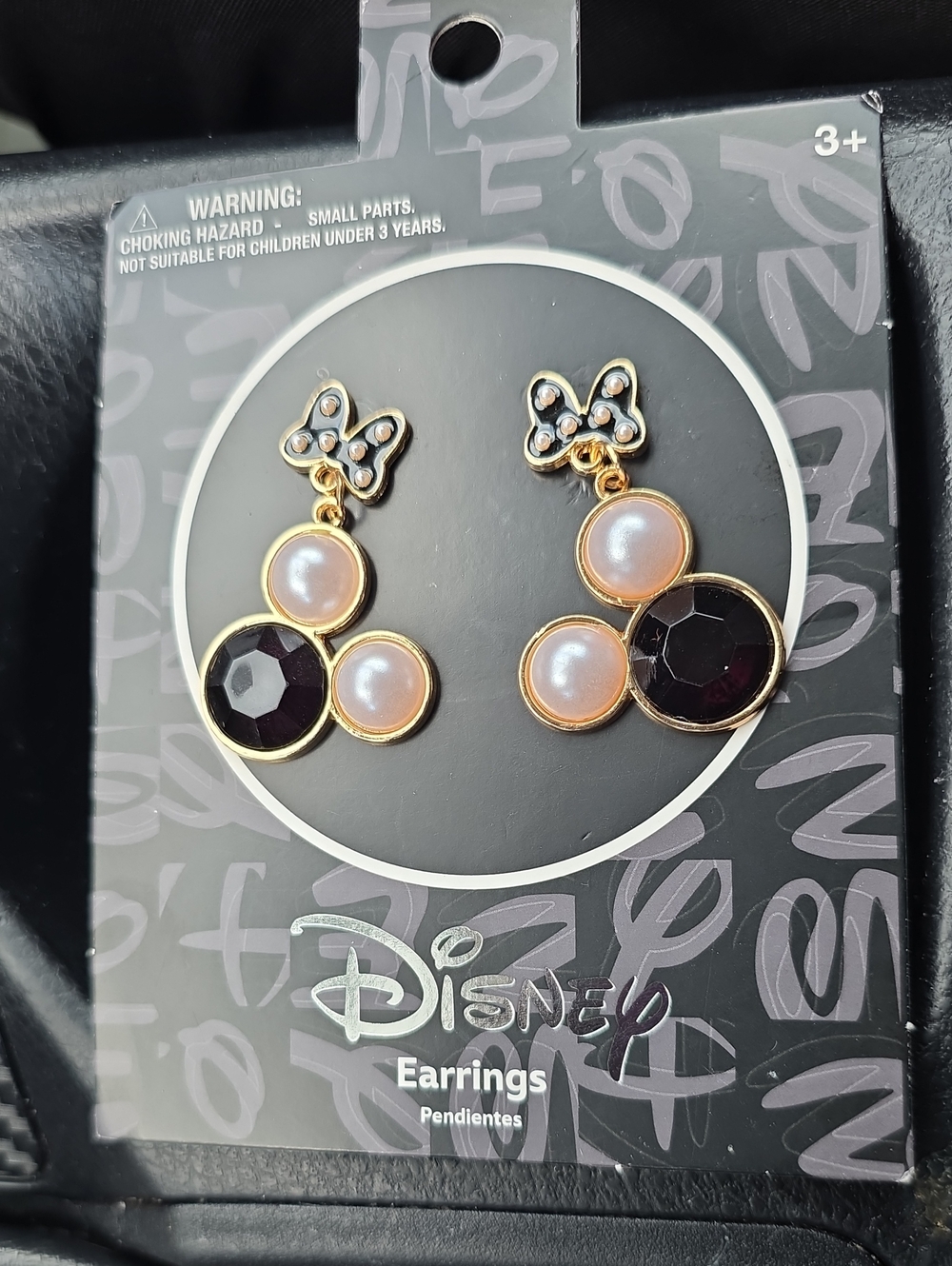 Disney Gold-Tone Earrings with Pink Pearls and Black Gem Accents